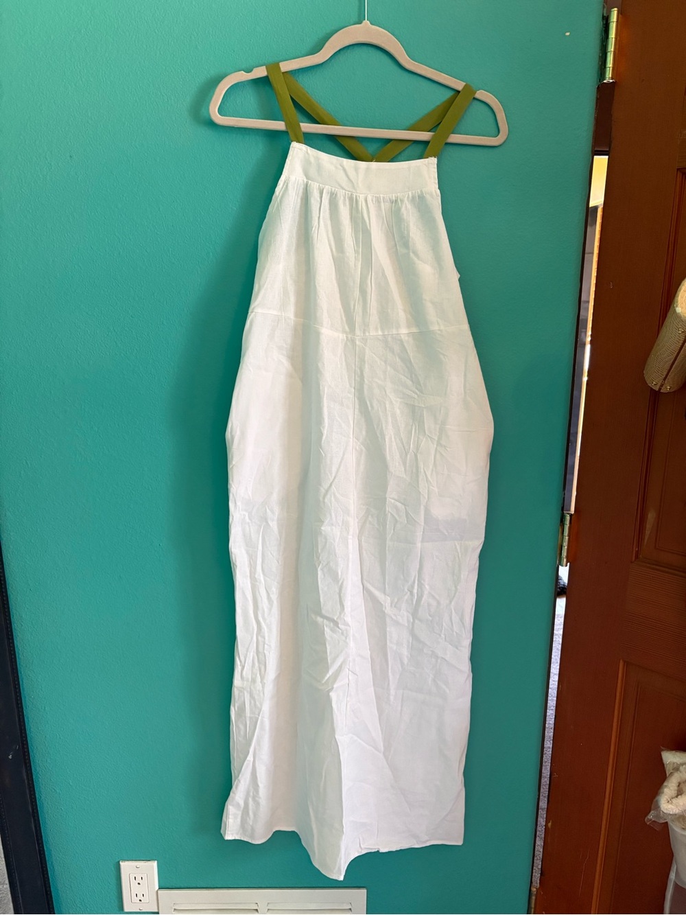 Cross back white linen maxi dress with pockets NWOT